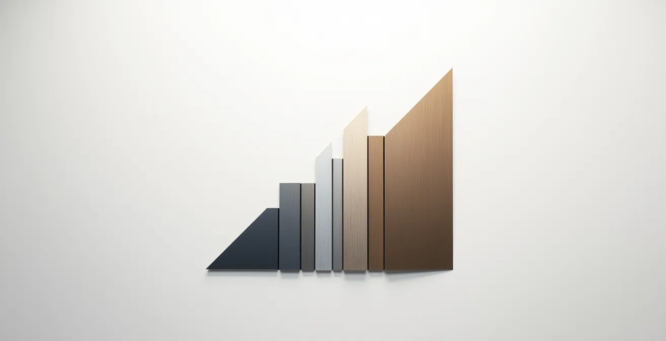 Échantillons de différentes finitions métalliques pour escalier montrant les textures et couleurs