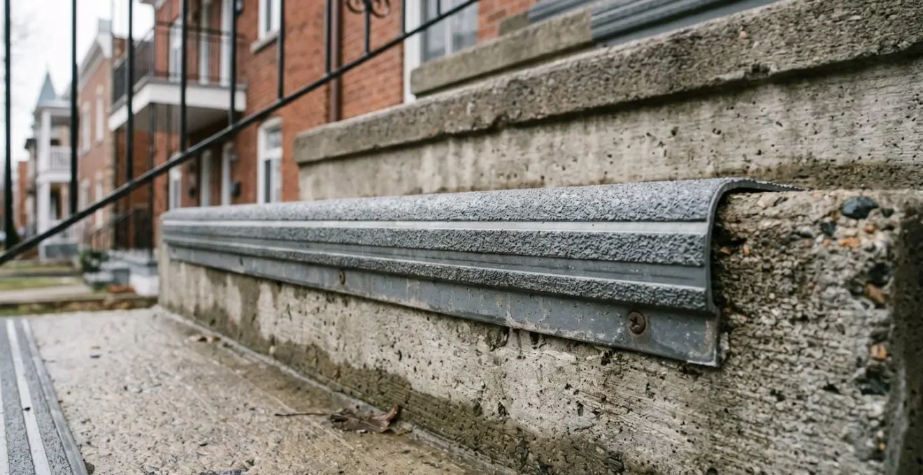 Détail de nez de marche antidérapant sur un escalier extérieur résidentiel conforme aux normes CSA