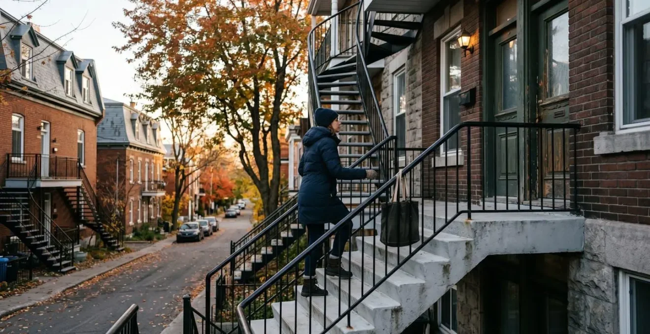 Escalier extérieur résidentiel au Québec avec garde-corps métallique conforme aux normes de sécurité