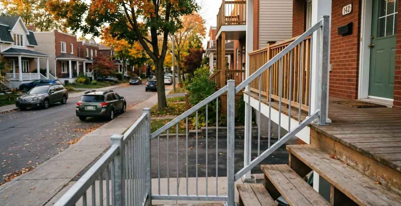 Garde-corps métallique sur escalier extérieur résidentiel à Laval, conforme aux normes québécoises
